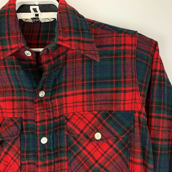Vintage Woolrich Plaid Flannel Button Front Shirt Mens Medium Red Wool Blend 60s - Picture 3 of 6